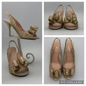 Kate Spade Charm Platinum Glitter Gold Liquid Sued Heels Size 9.5 M